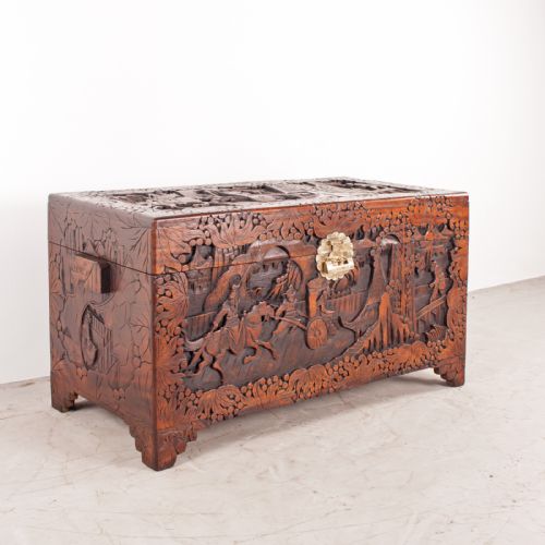 deeply carved oriental camphorwood trunk - CATEGORY: ANTIQUE CHESTS - DATED 1920