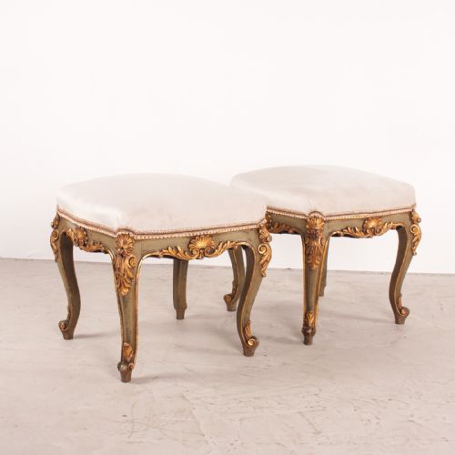 DECORATIVE PAIR OF PAINTED AND GILDED CONTINENTAL 19THC STOOLS