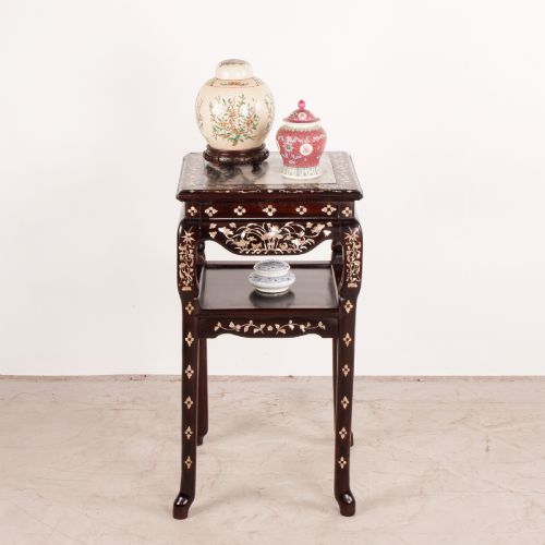 fig 1. A square dark timber Chinese occasional table with mother-of-pearl inlay, a lower tier, and an inset grey marble top.