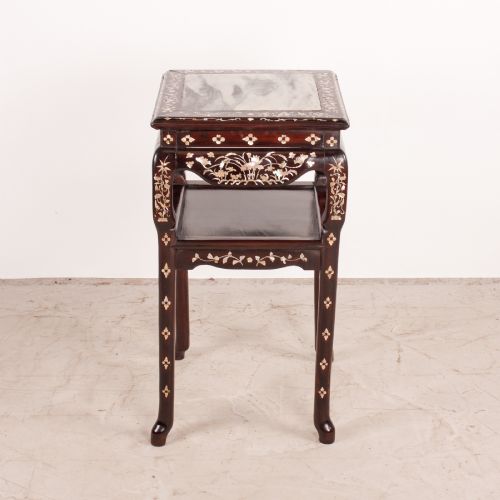 fig 2. A square dark timber Chinese occasional table with mother-of-pearl inlay, a lower tier, and an inset grey marble top.