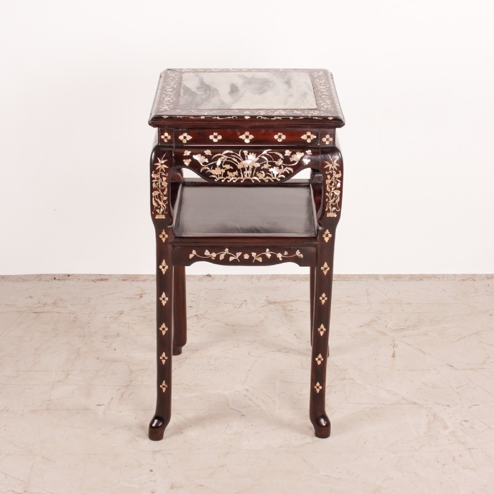 A square dark timber Chinese occasional table with mother-of-pearl inlay, a lower tier, and an inset grey marble top. View III