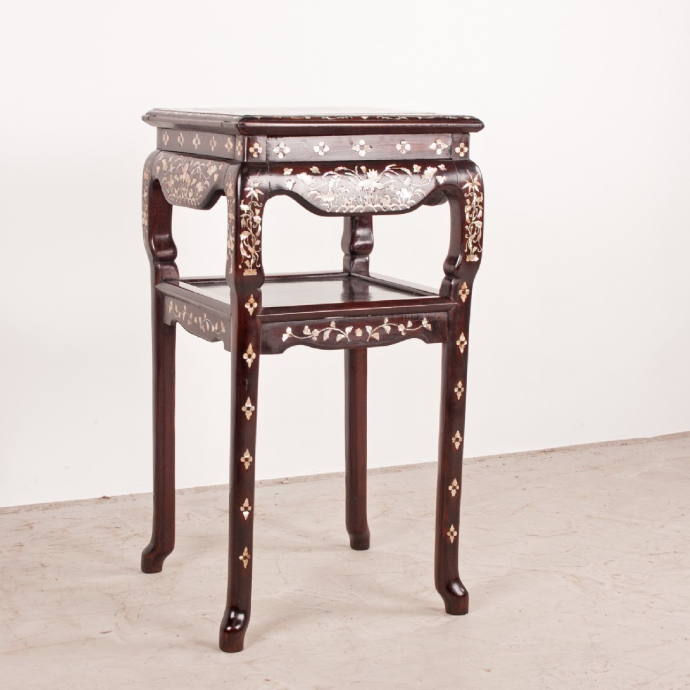 A square dark timber Chinese occasional table with mother-of-pearl inlay, a lower tier, and an inset grey marble top. View IV