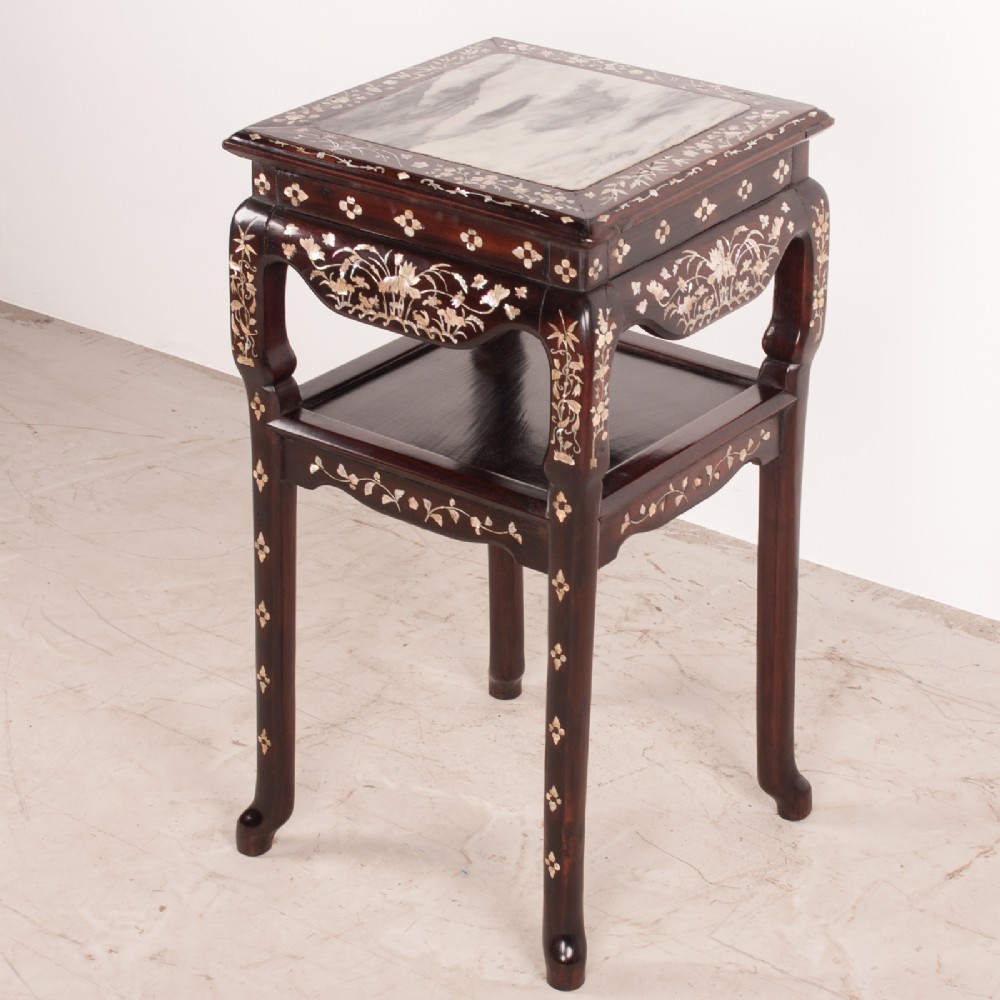 A square dark timber Chinese occasional table with mother-of-pearl inlay, a lower tier, and an inset grey marble top. View V