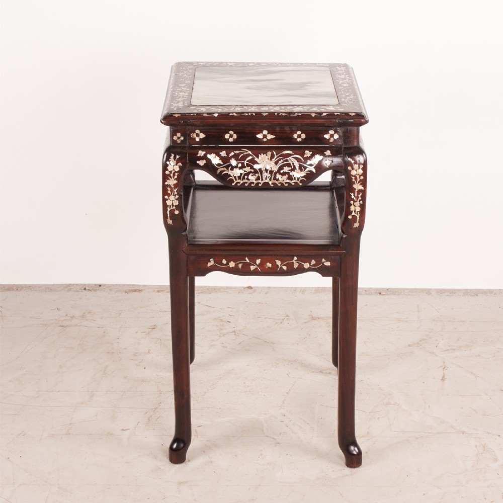 A square dark timber Chinese occasional table with mother-of-pearl inlay, a lower tier, and an inset grey marble top. View VI
