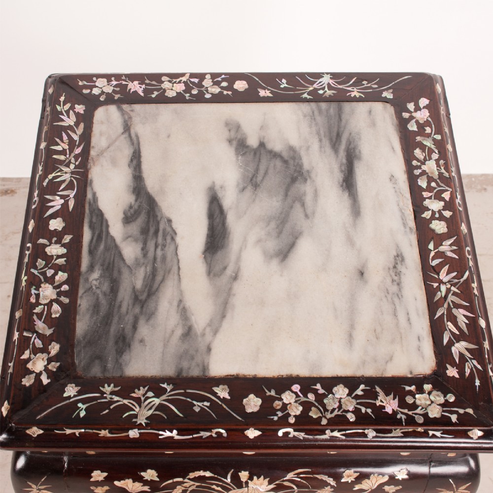 A square dark timber Chinese occasional table with mother-of-pearl inlay, a lower tier, and an inset grey marble top. View VIII