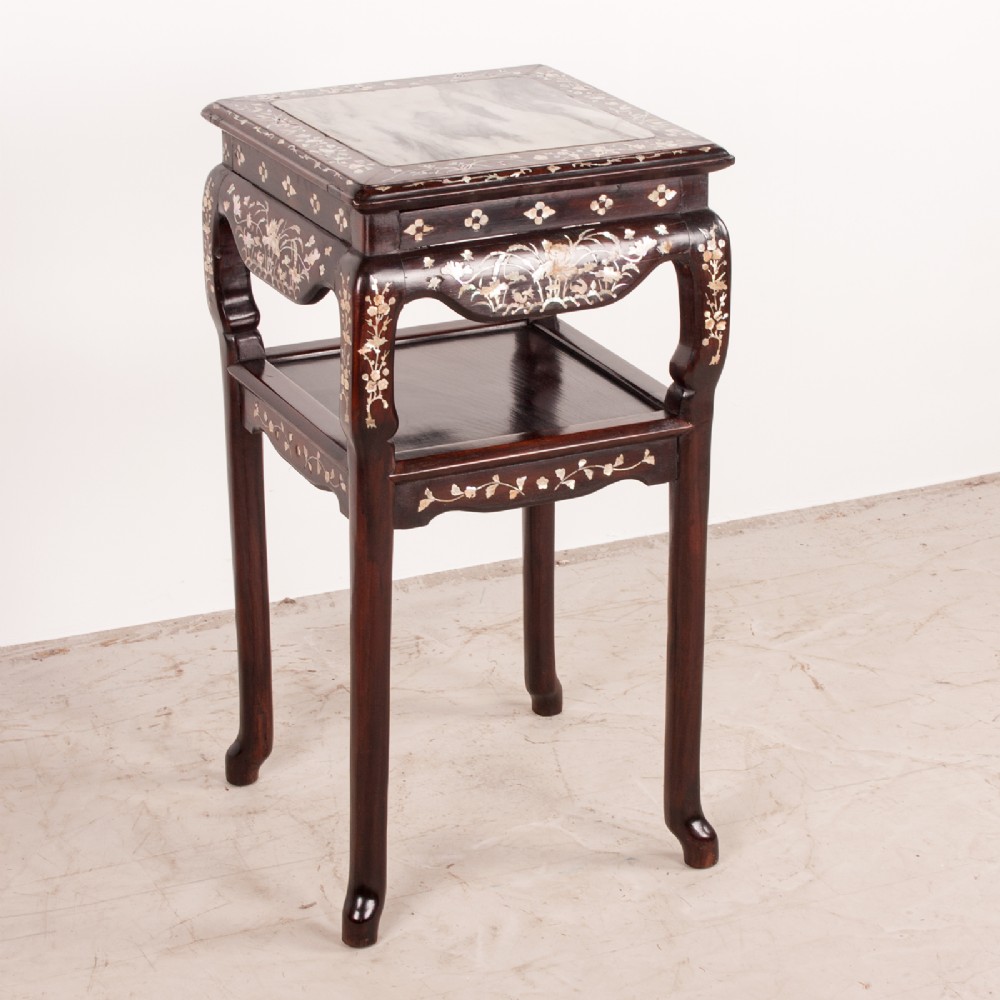 A square dark timber Chinese occasional table with mother-of-pearl inlay, a lower tier, and an inset grey marble top. View IX