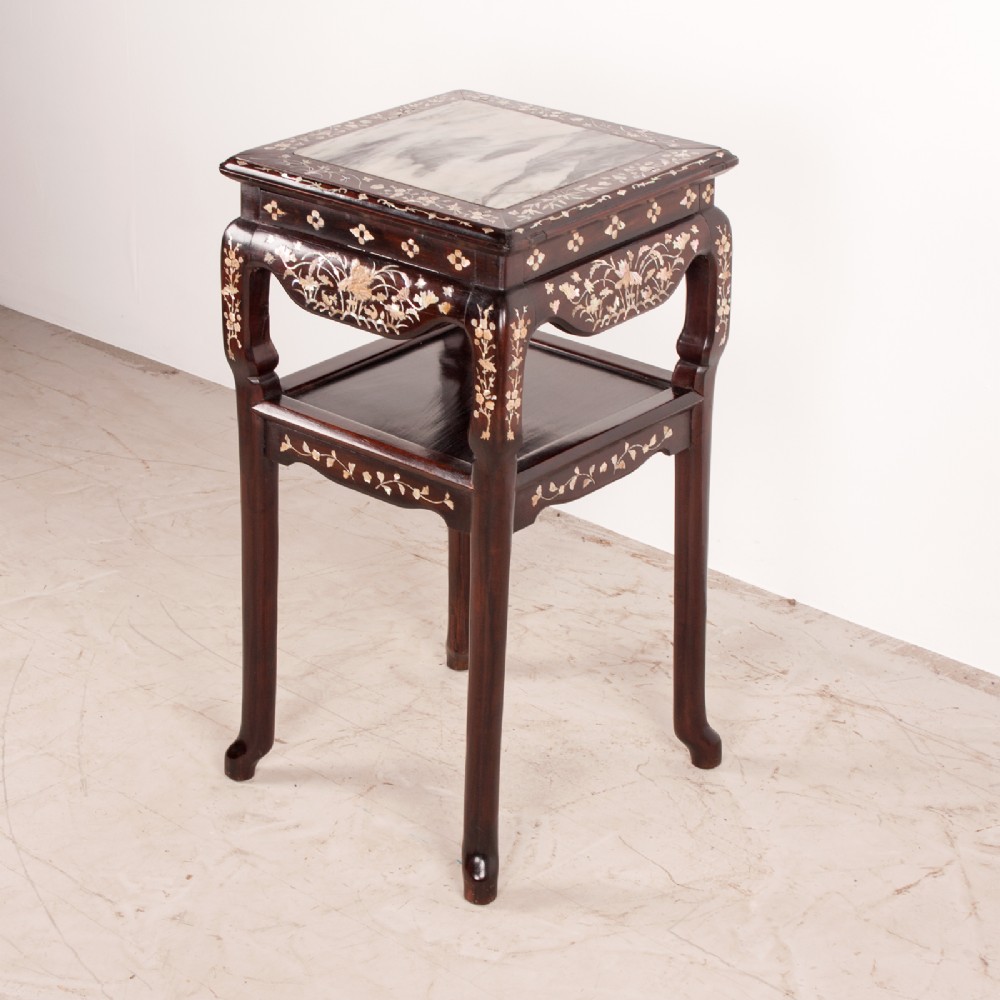 A square dark timber Chinese occasional table with mother-of-pearl inlay, a lower tier, and an inset grey marble top. View XI