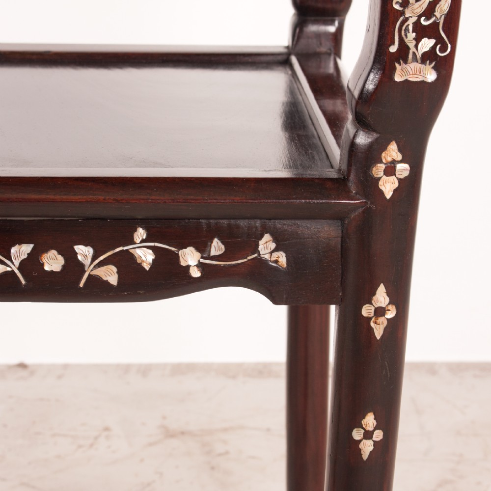 A square dark timber Chinese occasional table with mother-of-pearl inlay, a lower tier, and an inset grey marble top. View XII