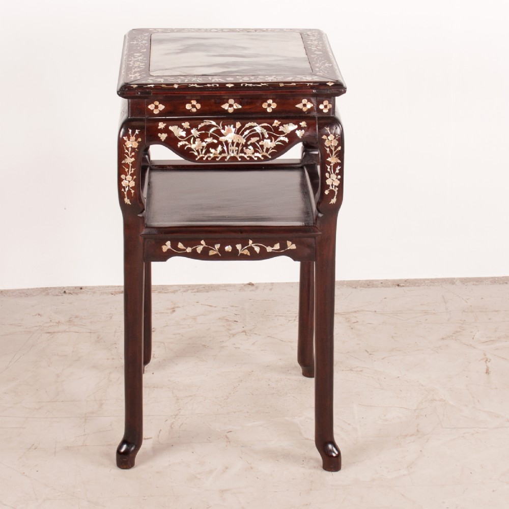 A square dark timber Chinese occasional table with mother-of-pearl inlay, a lower tier, and an inset grey marble top. View XIII