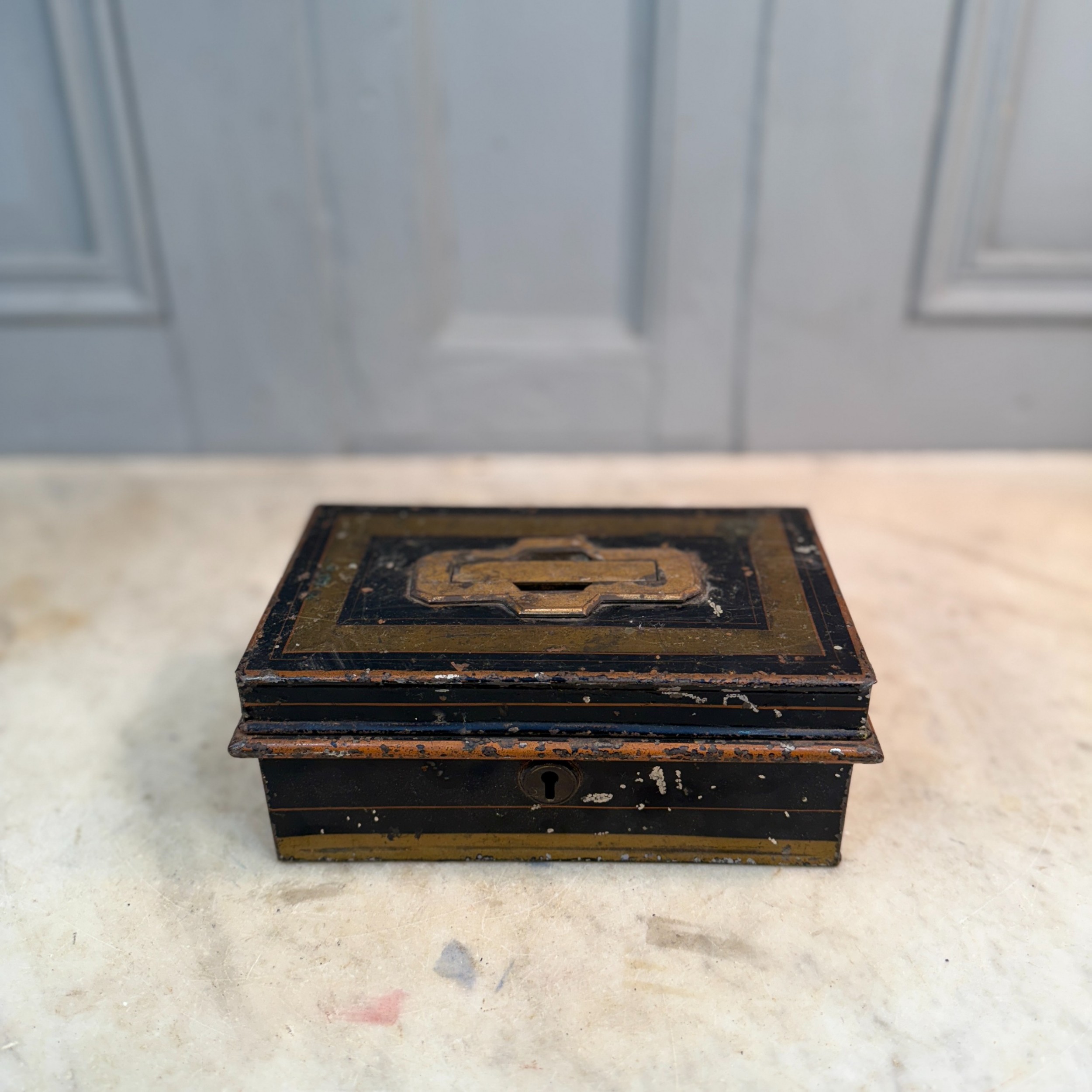 Antique Toleware Metal Cash Tin Or Box
