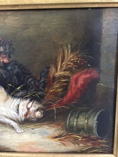 A CHARMING 19THC PAINTING DEPICTING TWO TERRIERS AT PLAY POSSIBLY RATTING - ADDITIONAL PHOTO 2
