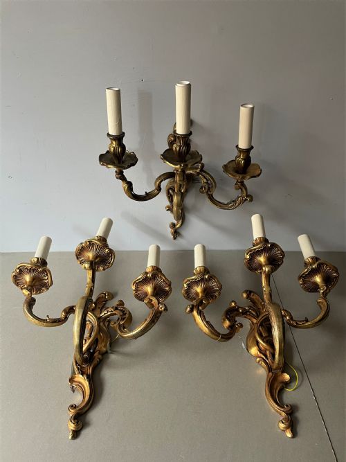 three three branch french 19th century gilded bronze antique wall sconces - CATEGORY: ANTIQUE LIGHTING - DATED 1890