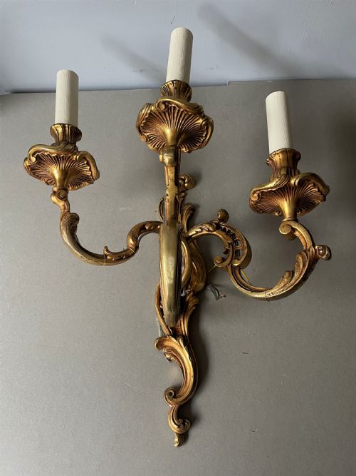 THREE THREE BRANCH FRENCH 19TH CENTURY GILDED BRONZE ANTIQUE WALL SCONCES - ADDITIONAL PHOTO 2