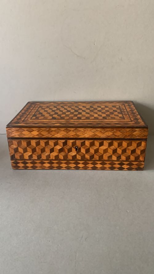 antique tumbling brick tunbridge workbox - CATEGORY: ANTIQUE BOXES - DATED 19TH CENTURY