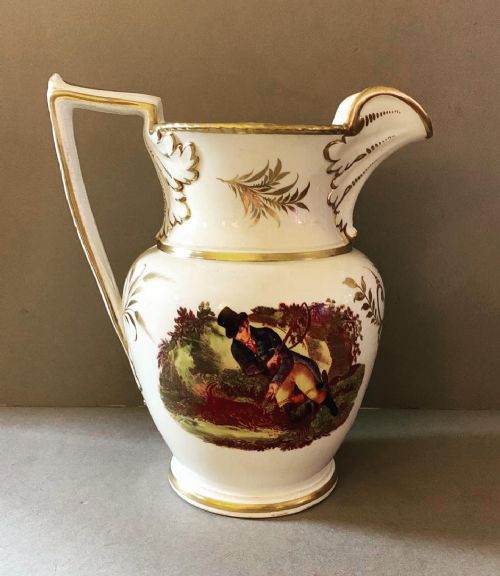 AN ANTIQUE ENGLISH PORCELAIN HUNTING SCENE JUG - ADDITIONAL PHOTO 1