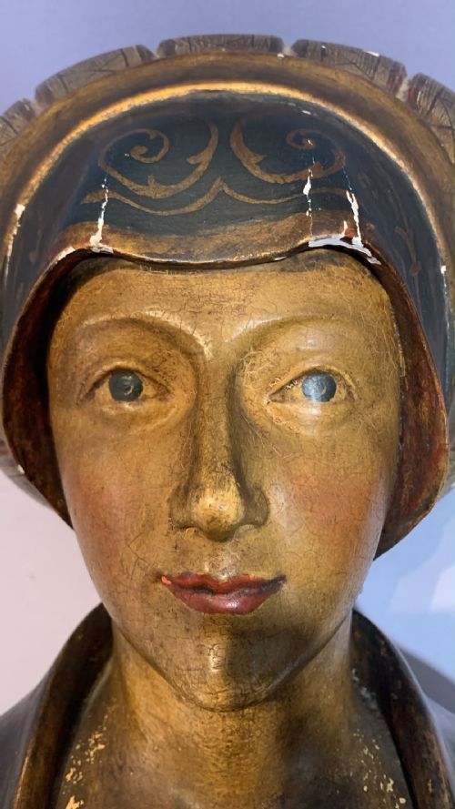 Late nineteenth-century polychrome and gilded bust depicting a noblewoman in a Renaissance-style patterned headdress and decorated gown. View III