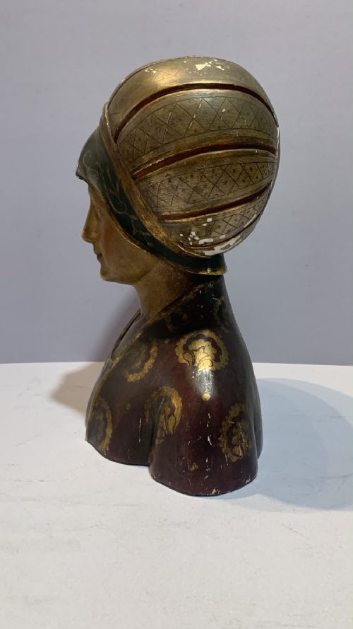 Late nineteenth-century polychrome and gilded bust depicting a noblewoman in a Renaissance-style patterned headdress and decorated gown. View IV