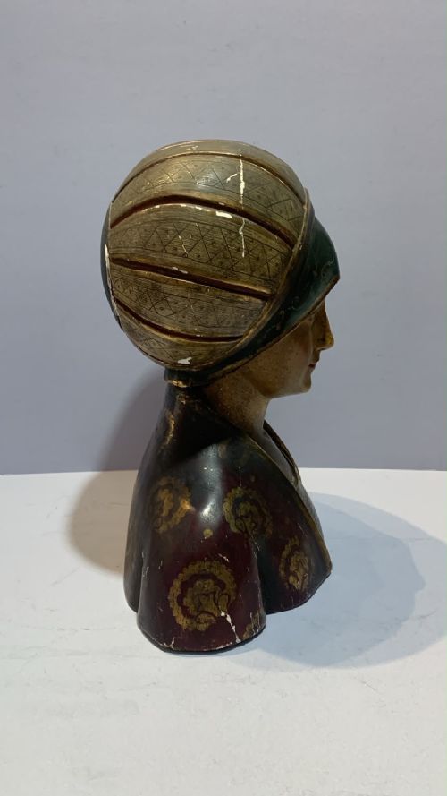 Late nineteenth-century polychrome and gilded bust depicting a noblewoman in a Renaissance-style patterned headdress and decorated gown. View V