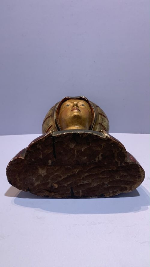 Late nineteenth-century polychrome and gilded bust depicting a noblewoman in a Renaissance-style patterned headdress and decorated gown. View VII