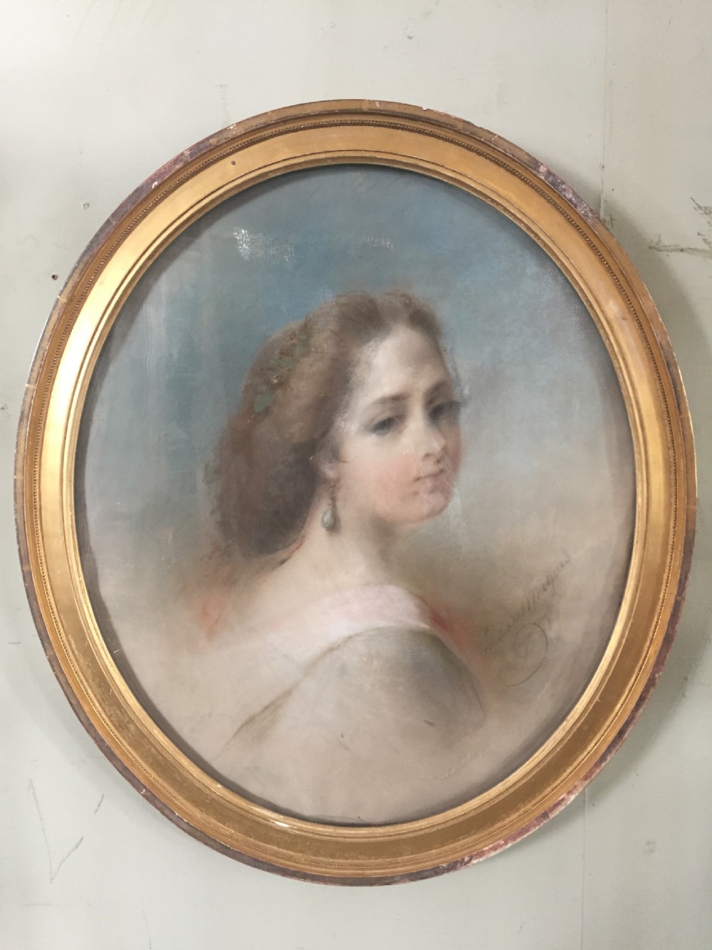 A wonderful large French pastel portrait of a lady in gilded oval frame