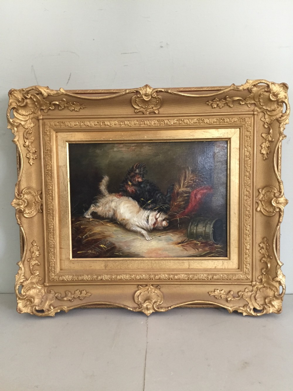 A charming 19thC painting, depicting two terriers at play, possibly ratting,