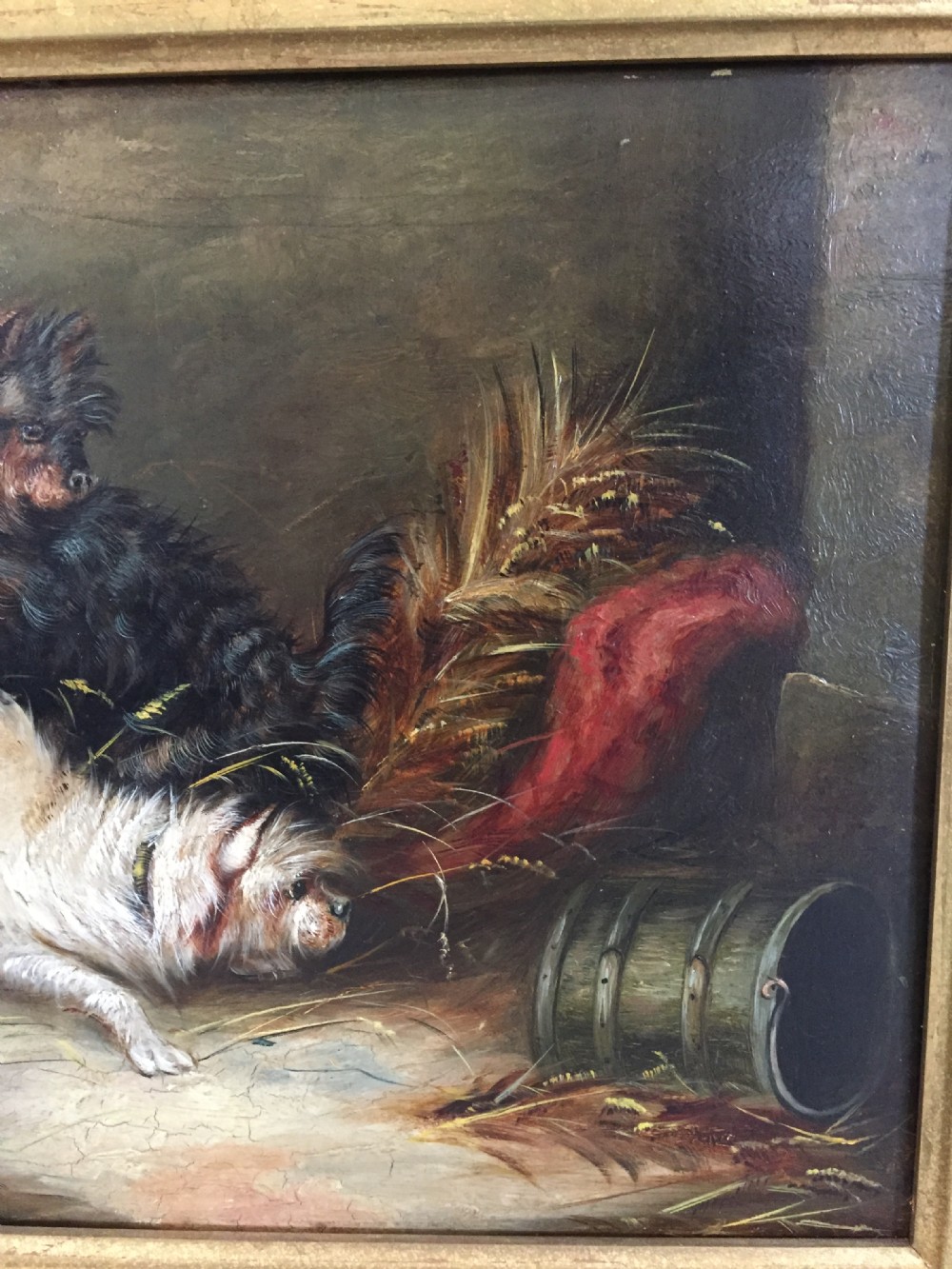 A charming 19thC painting, depicting two terriers at play, possibly ratting, View III