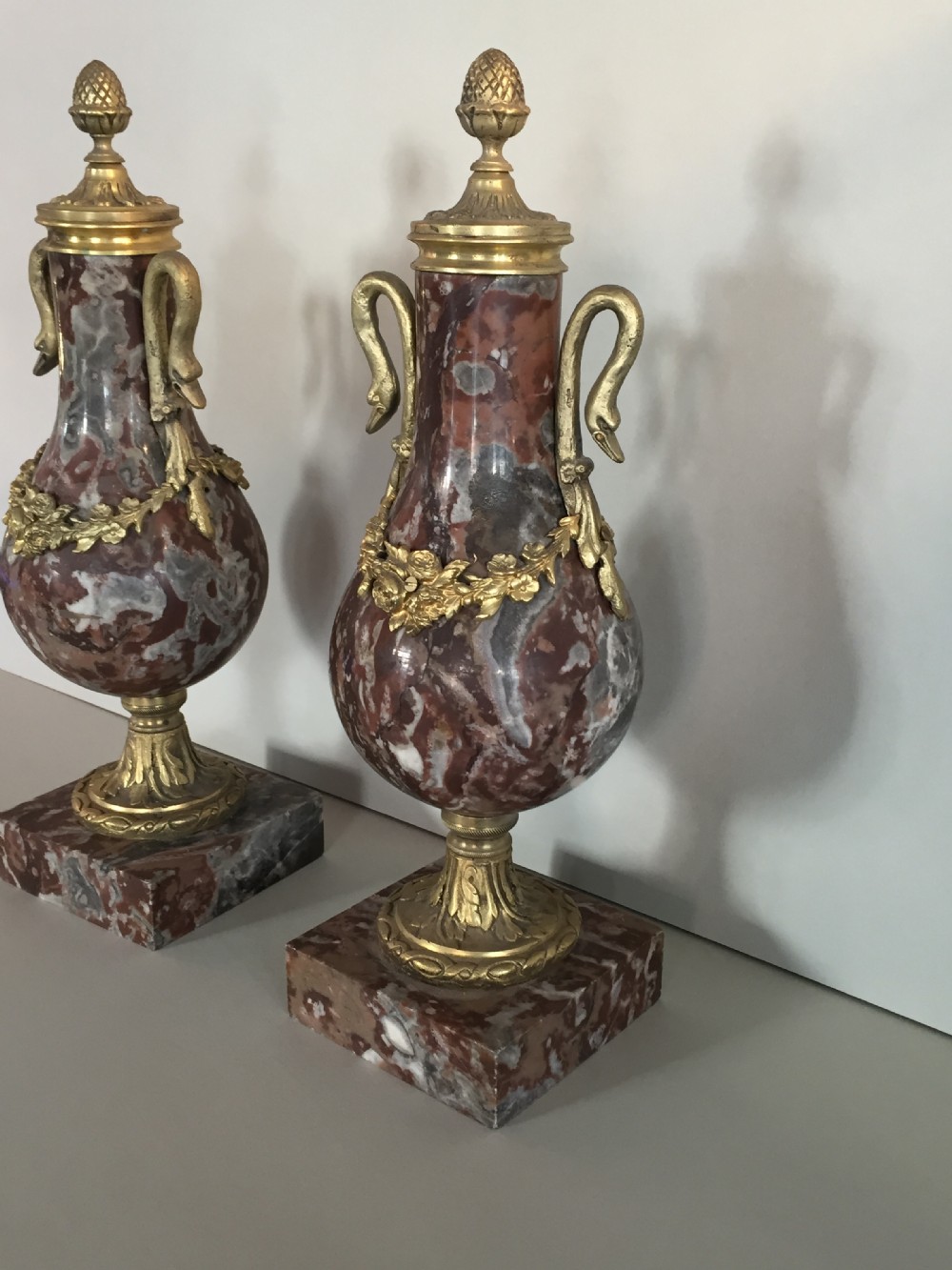 An extremely attractive pair of 19thC French marble garnitures View II