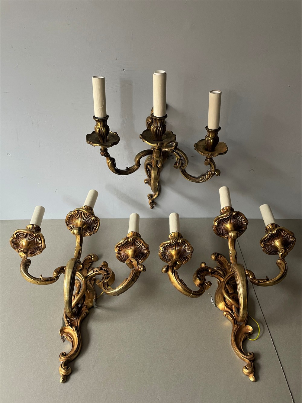 Three, three branch French 19th Century gilded bronze antique wall sconces