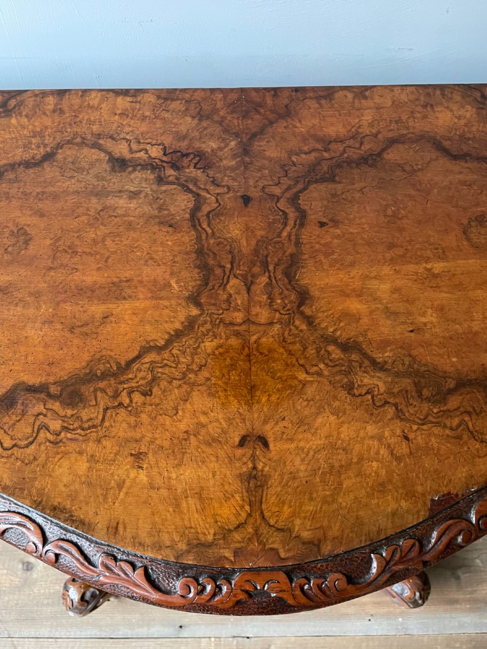 A 19thC Serpentine burr walnut card table View III