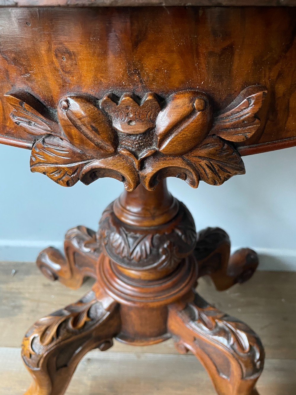 A 19thC Serpentine burr walnut card table View IV