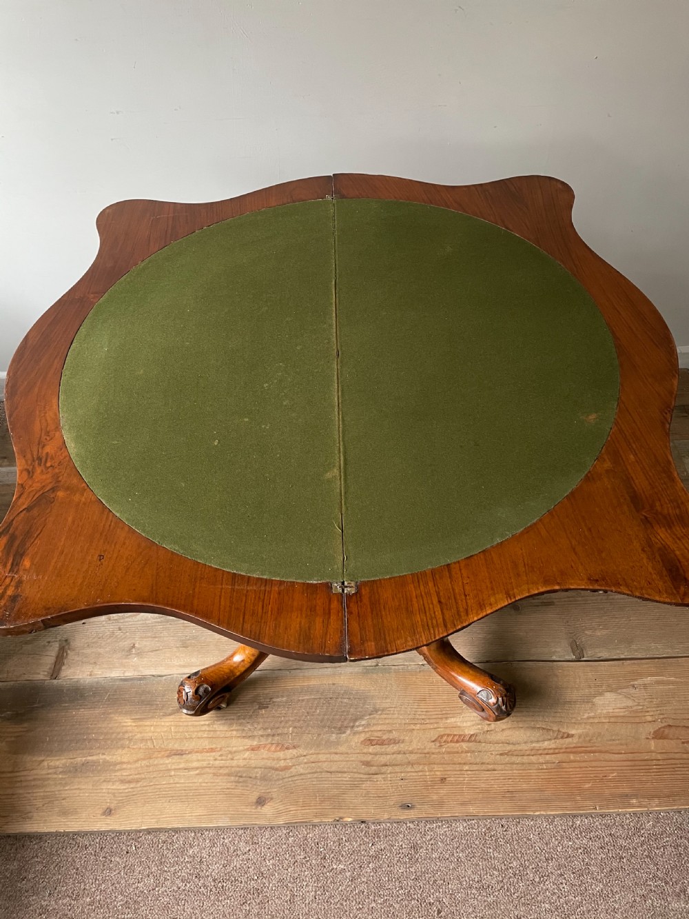 A 19thC Serpentine burr walnut card table View VI