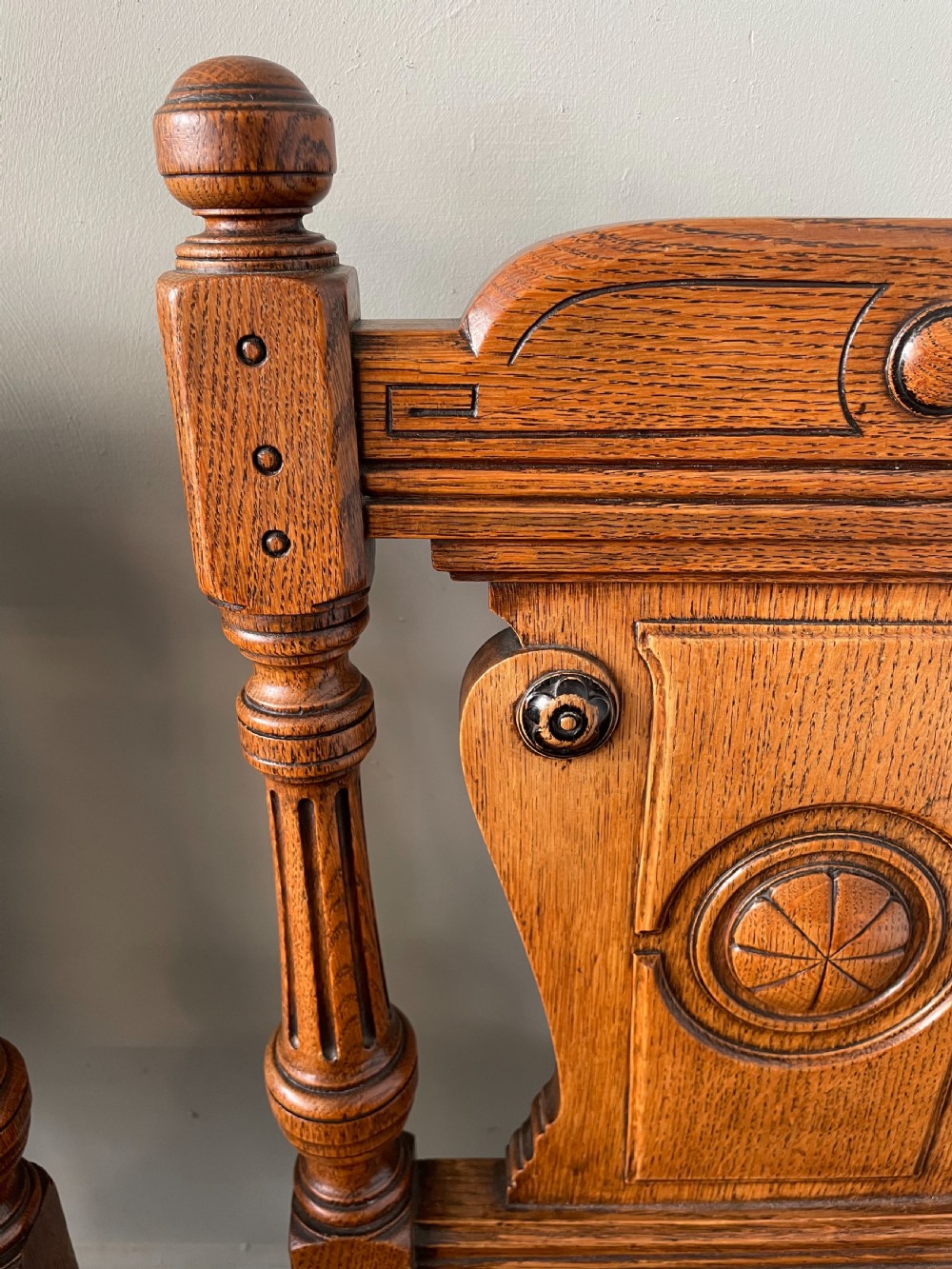 An Antique pair of Honey Oak Aesthetic Movement Hall Chairs View IV