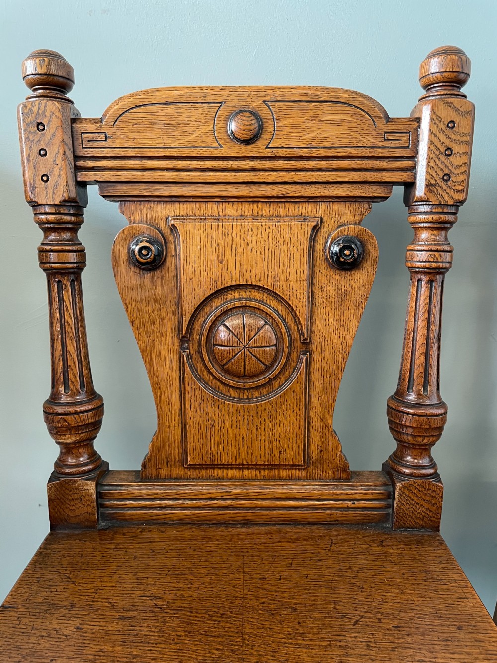 An Antique pair of Honey Oak Aesthetic Movement Hall Chairs View V