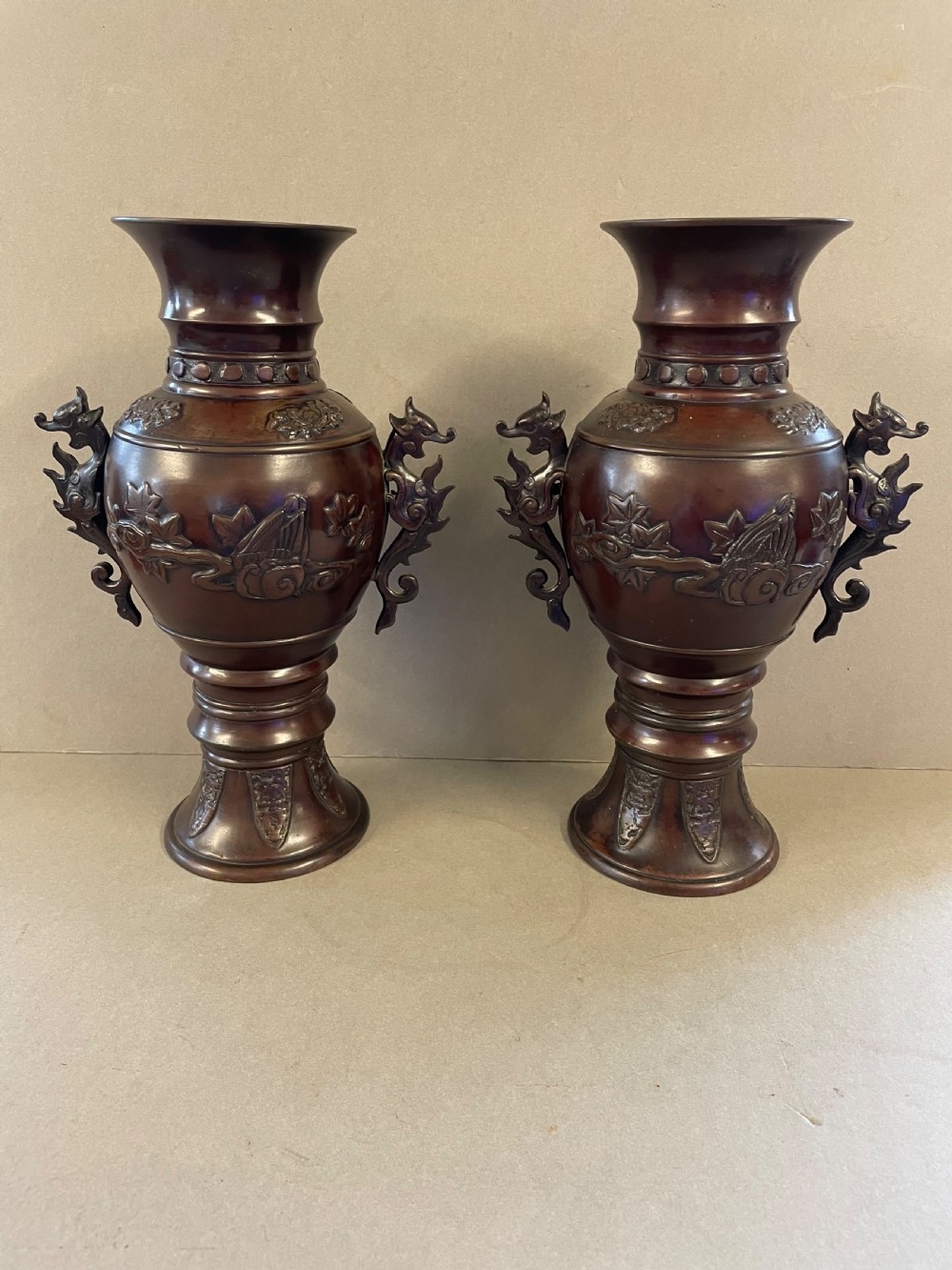 An Antique pair of Japanese bronze vases