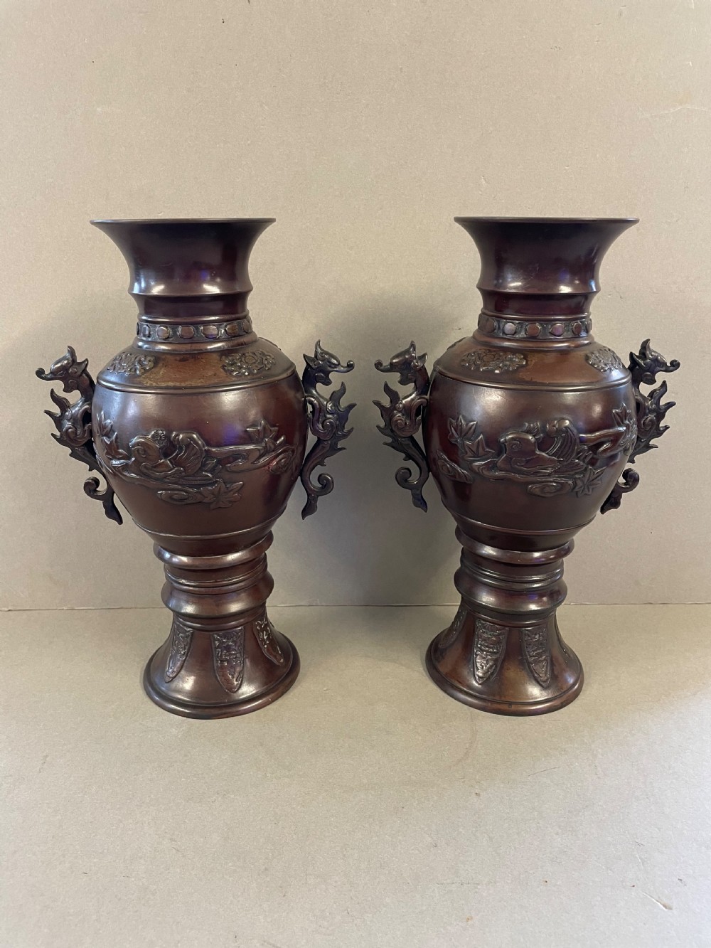 An Antique pair of Japanese bronze vases View II