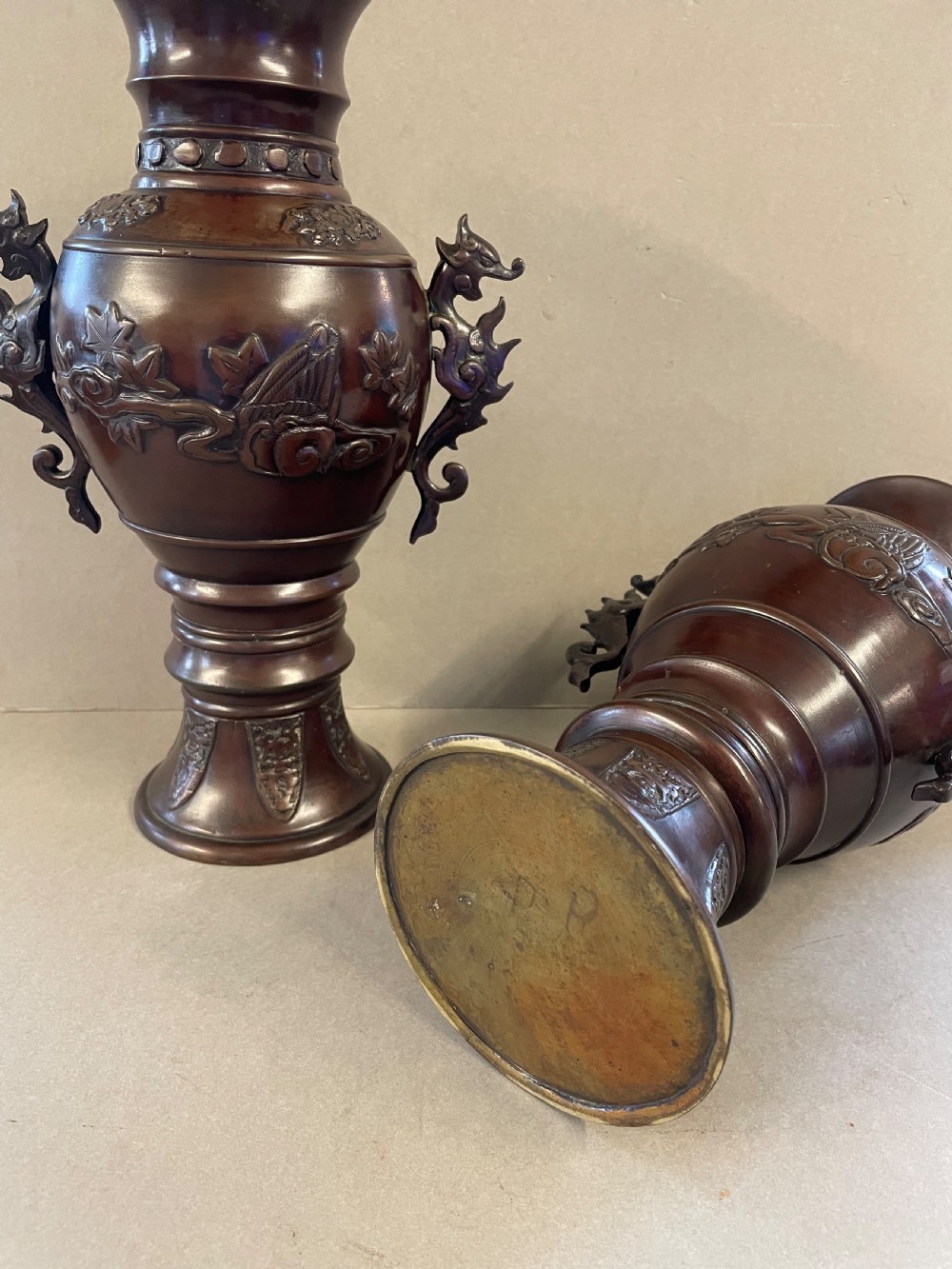 An Antique pair of Japanese bronze vases View V