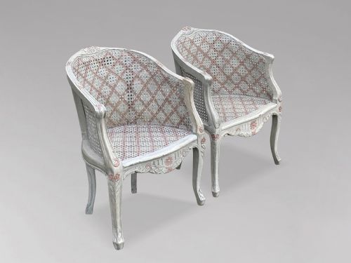 PAIR OF 20TH CENTURY FRENCH LOUIS XV STYLE PAINTED CANE ARMCHAIRS - ADDITIONAL PHOTO 1