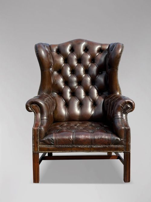 ANTIQUE BROWN LEATHER FULL BUTTON WING BACK ARMCHAIR - ADDITIONAL PHOTO 2