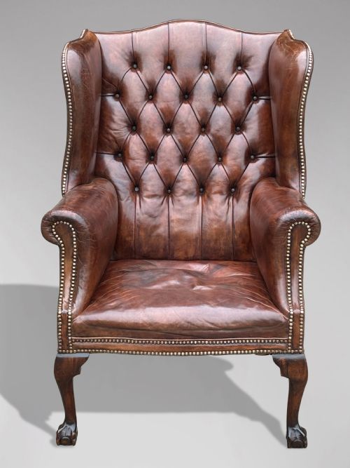 19TH CENTURY BROWN LEATHER BUTTON WING ARMCHAIR - ADDITIONAL PHOTO 1