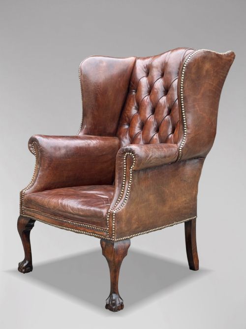 19TH CENTURY BROWN LEATHER BUTTON WING ARMCHAIR - ADDITIONAL PHOTO 6