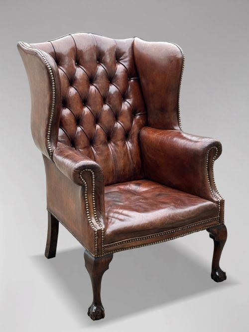 19TH CENTURY BROWN LEATHER BUTTON WING ARMCHAIR - ADDITIONAL PHOTO 8