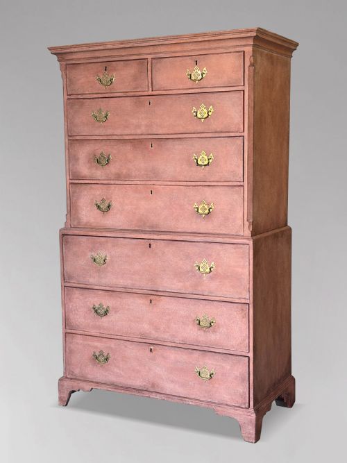 fig 1. An 18th-century George III painted secretaire tallboy with brass hardware and an open drop-front writing compartment disclosing fitted pigeonholes.