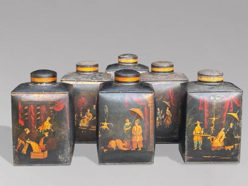SET OF 3 WILLIAM IV PAINTED TOLEWARE TEA CANISTERS C1830 - ADDITIONAL PHOTO 4