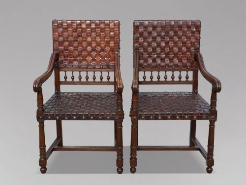 PAIR OF 19TH CENTURY OAK WOVEN LEATHER ARMCHAIRS C1880 - ADDITIONAL PHOTO 1