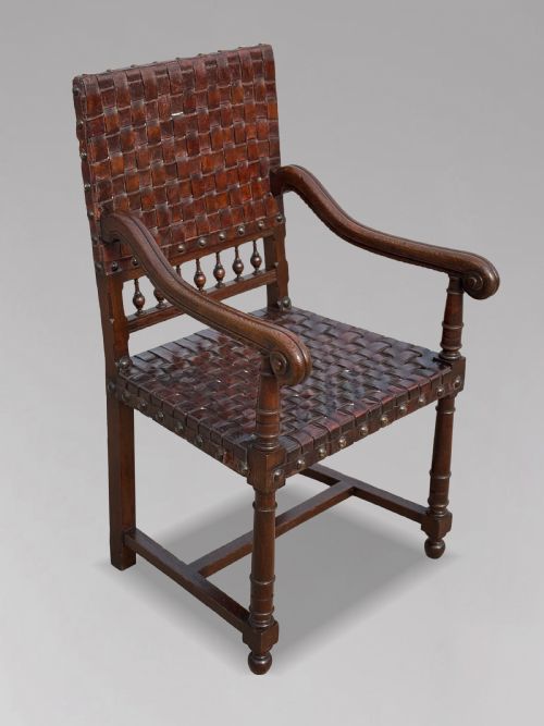 PAIR OF 19TH CENTURY OAK WOVEN LEATHER ARMCHAIRS C1880 - ADDITIONAL PHOTO 2
