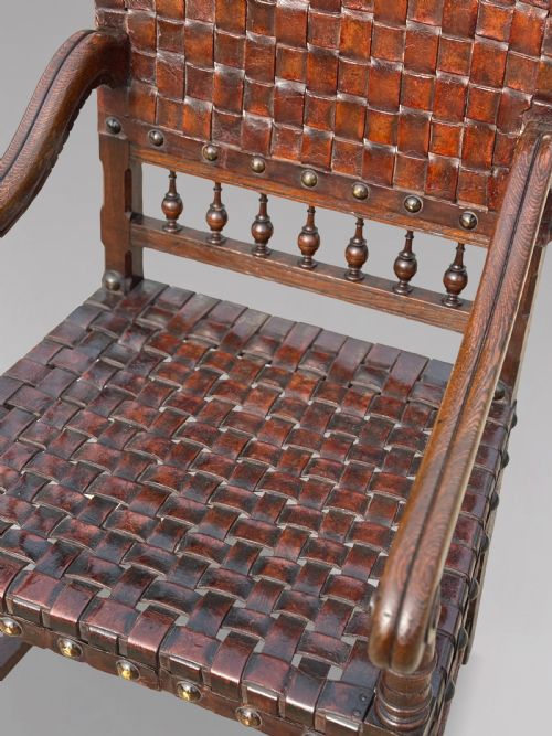 PAIR OF 19TH CENTURY OAK WOVEN LEATHER ARMCHAIRS C1880 - ADDITIONAL PHOTO 4