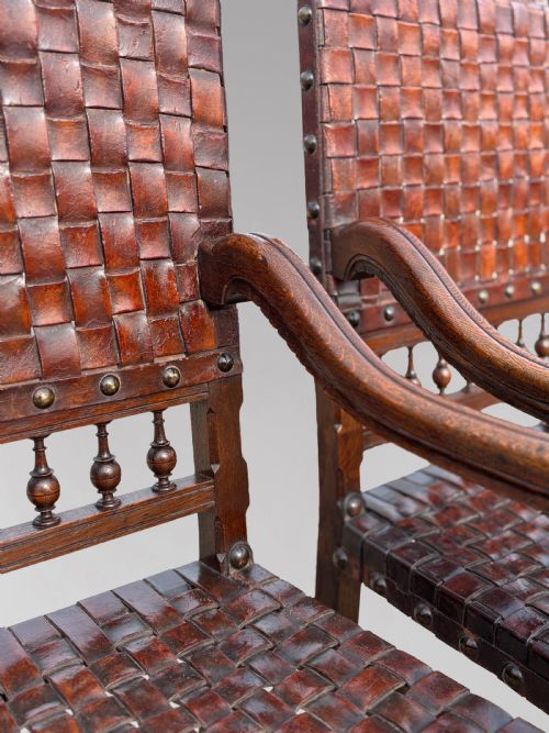 PAIR OF 19TH CENTURY OAK WOVEN LEATHER ARMCHAIRS C1880 - ADDITIONAL PHOTO 5