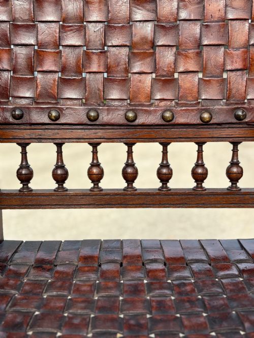 PAIR OF 19TH CENTURY OAK WOVEN LEATHER ARMCHAIRS C1880 - ADDITIONAL PHOTO 6