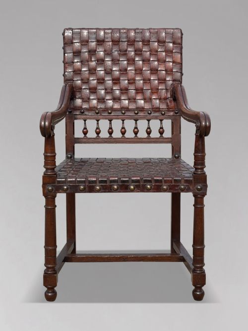 PAIR OF 19TH CENTURY OAK WOVEN LEATHER ARMCHAIRS C1880 - ADDITIONAL PHOTO 7
