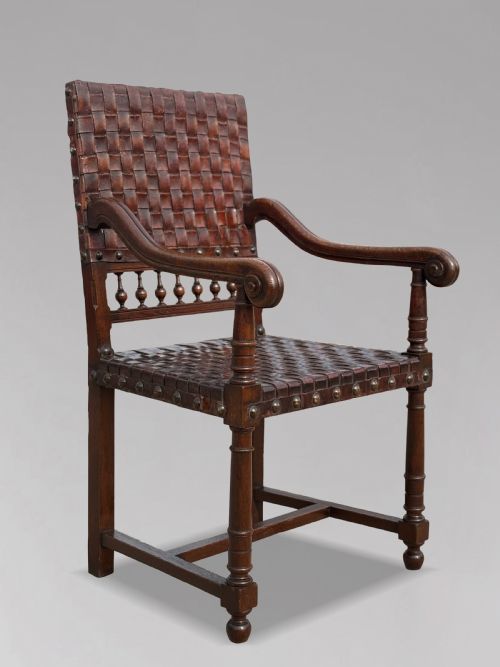 PAIR OF 19TH CENTURY OAK WOVEN LEATHER ARMCHAIRS C1880 - ADDITIONAL PHOTO 8